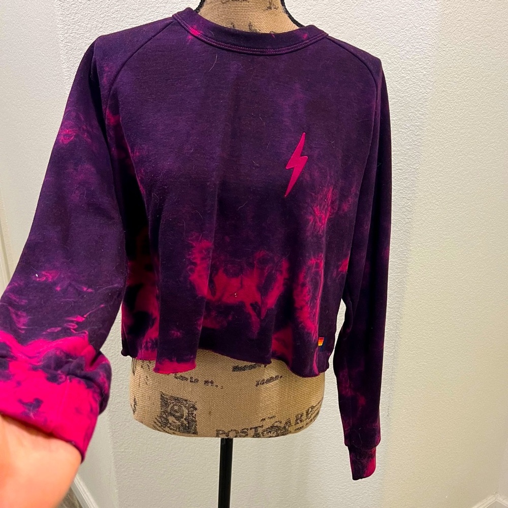 Aviator Nation Purple & Hot Pink Lightning Crop Crewneck Sweater